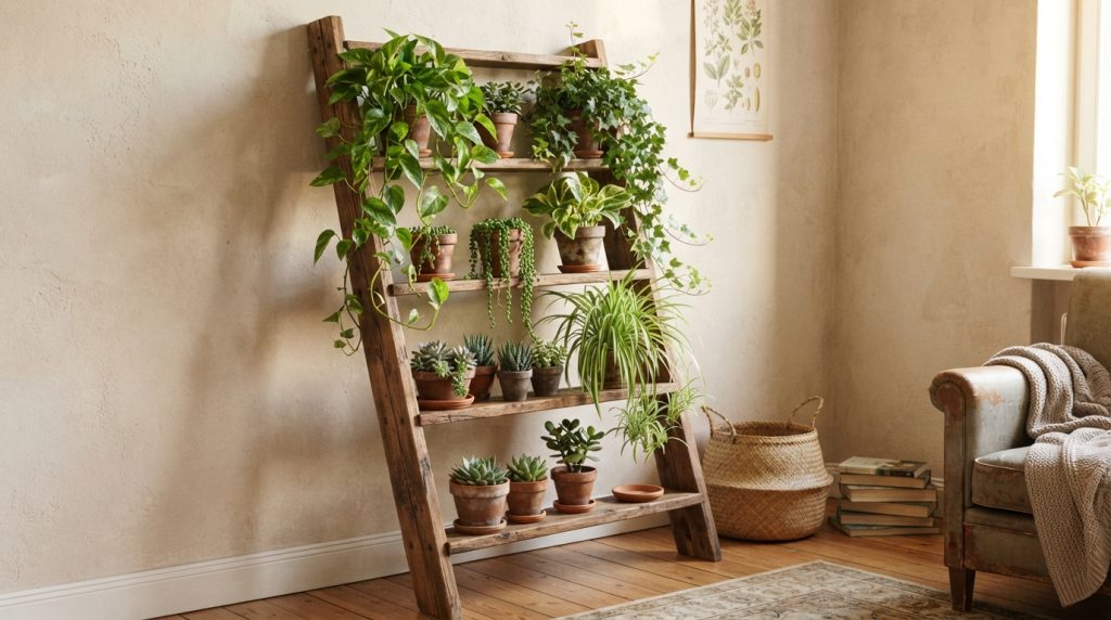 Indoor plant decor ideas using a decorative plant ladder