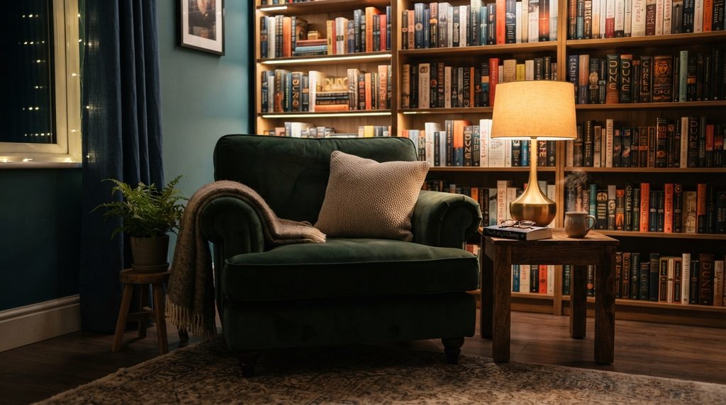 Cozy reading corner with table lamp and wooden side table