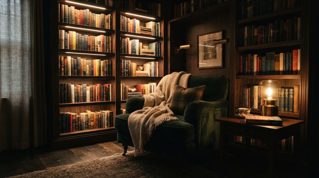 Reading corner lighting ideas using bookshelf lighting for a cozy reading nook