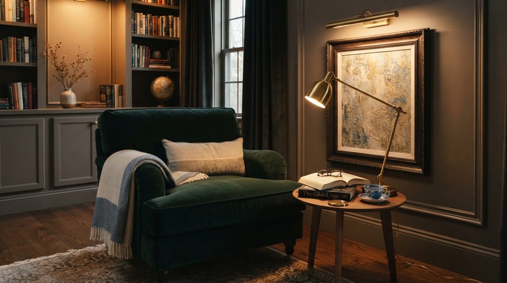 Reading corner lighting ideas that highlight decorative artwork for a cozy and stylish reading nook