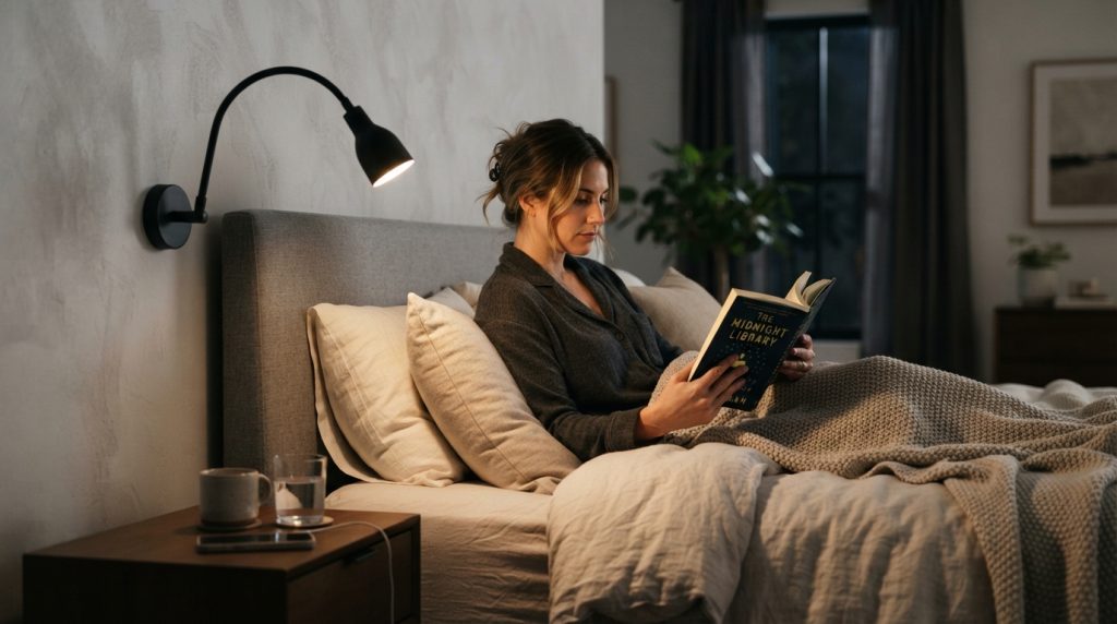20 Bedroom Lighting Ideas featuring an adjustable bedside reading lamp