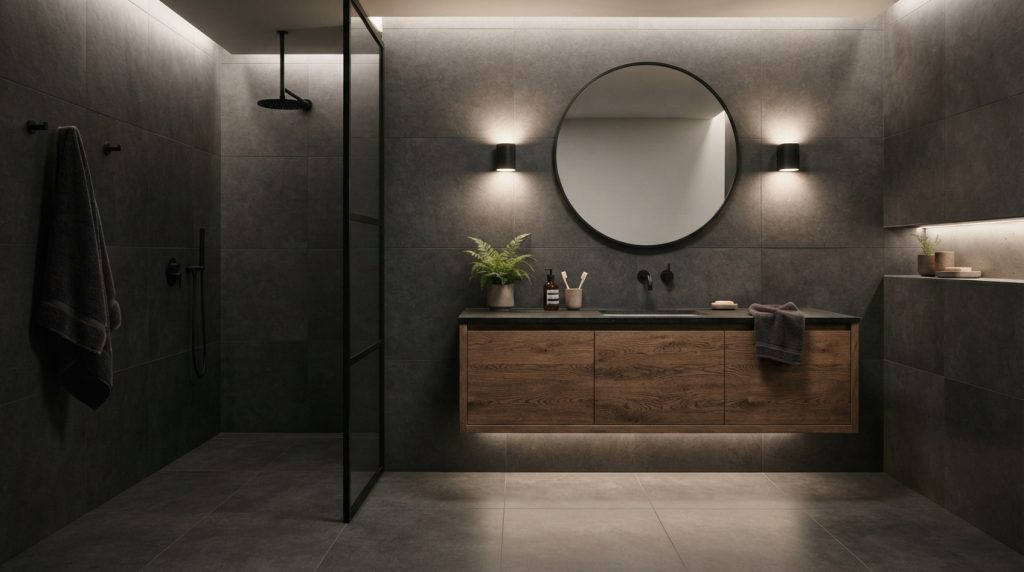 Modern bathroom tile ideas featuring matte gray tiles and minimalist fixtures