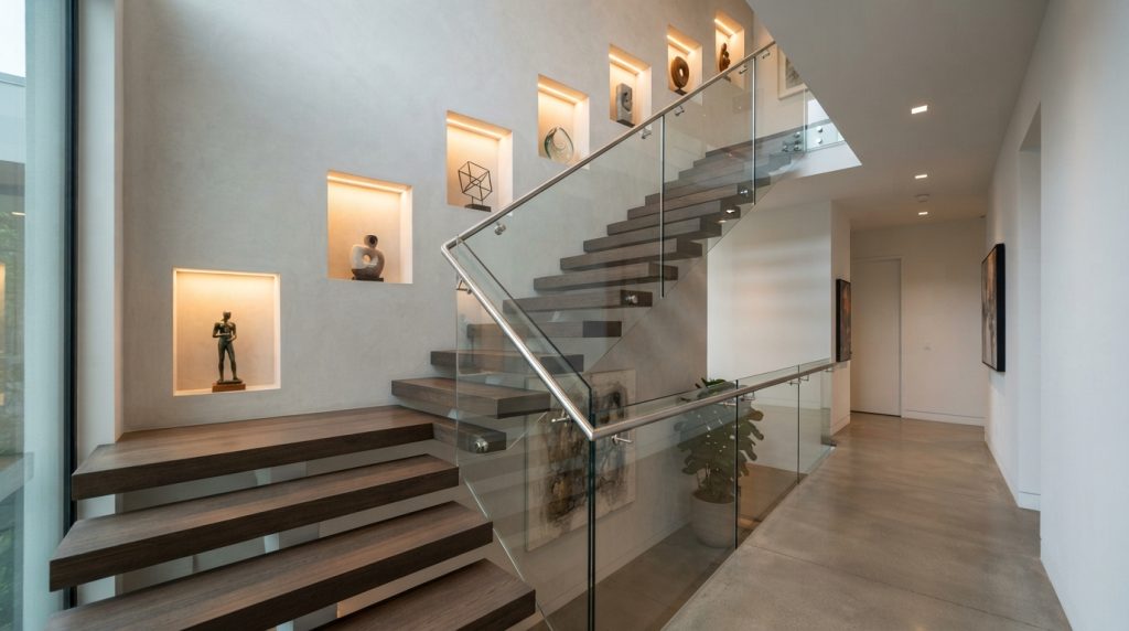 Staircase with accent lighting highlighting textured wall and railing