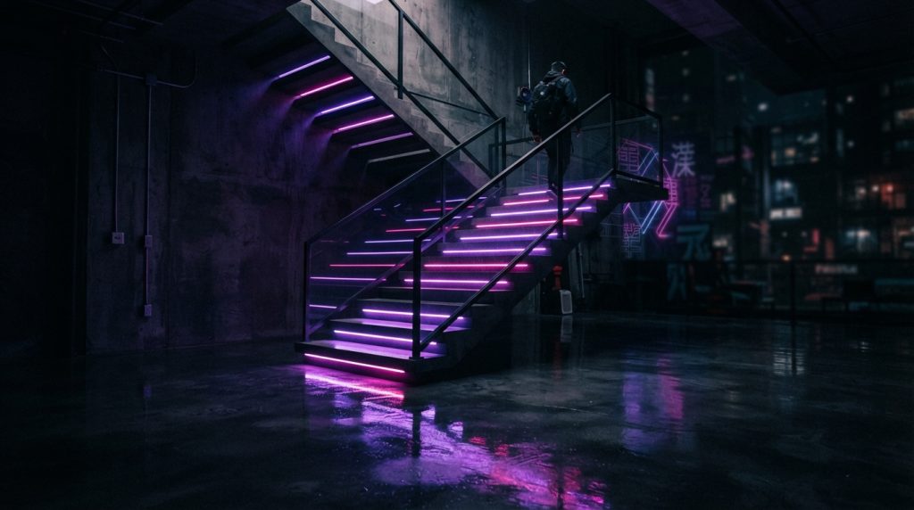 Contemporary staircase with colorful LED accent lighting