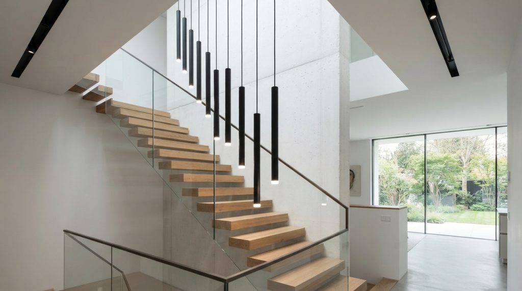 Modern pendant lights hanging above a dramatic staircase