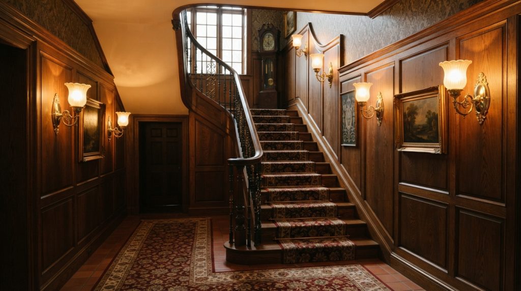 Staircase with brass wall sconces 20260912215252