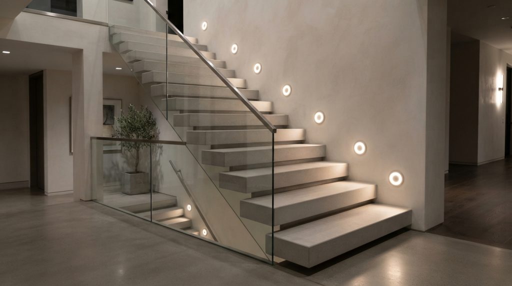 Elegant wall mounted lights illuminating a modern staircase