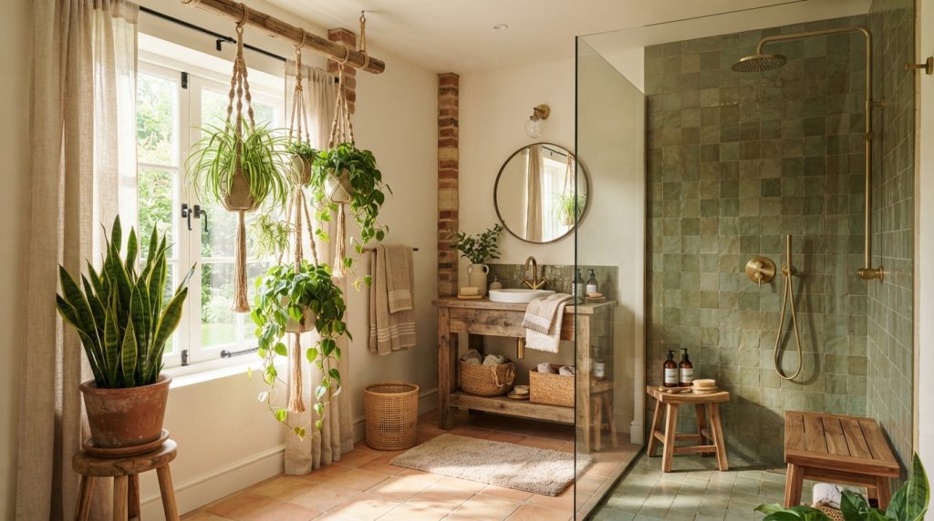 Indoor plant decor ideas with plants in a modern bathroom