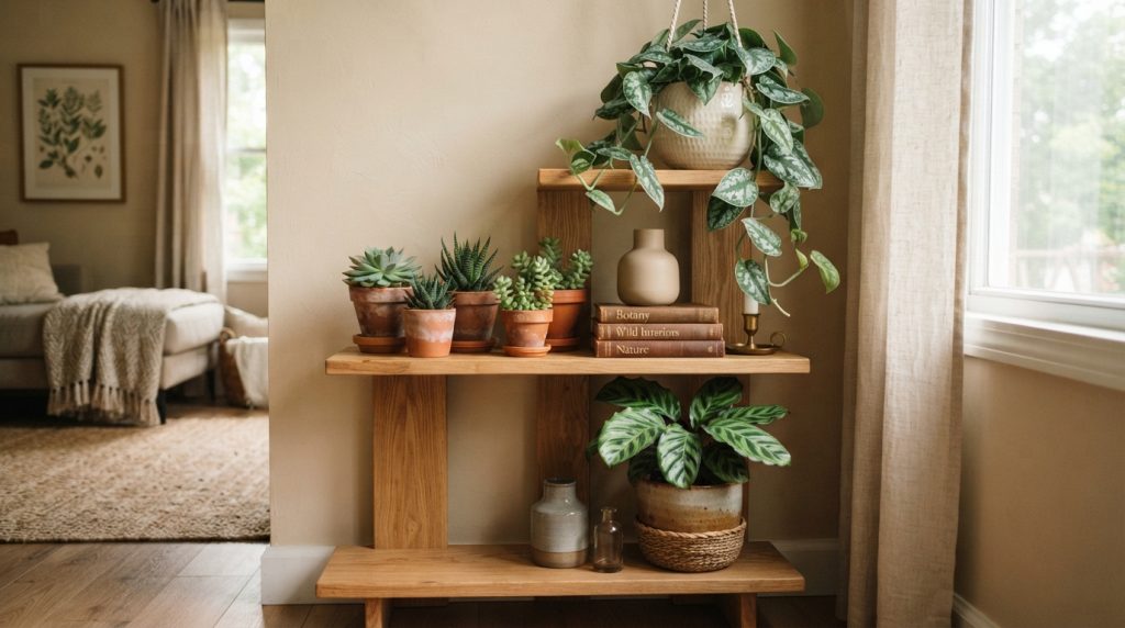 Indoor plant decor ideas featuring a stylish decorative plant shelf