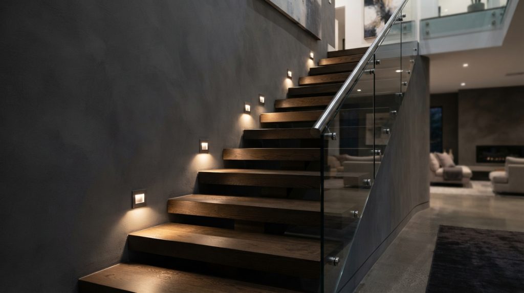 Individual step lights illuminating a modern staircase