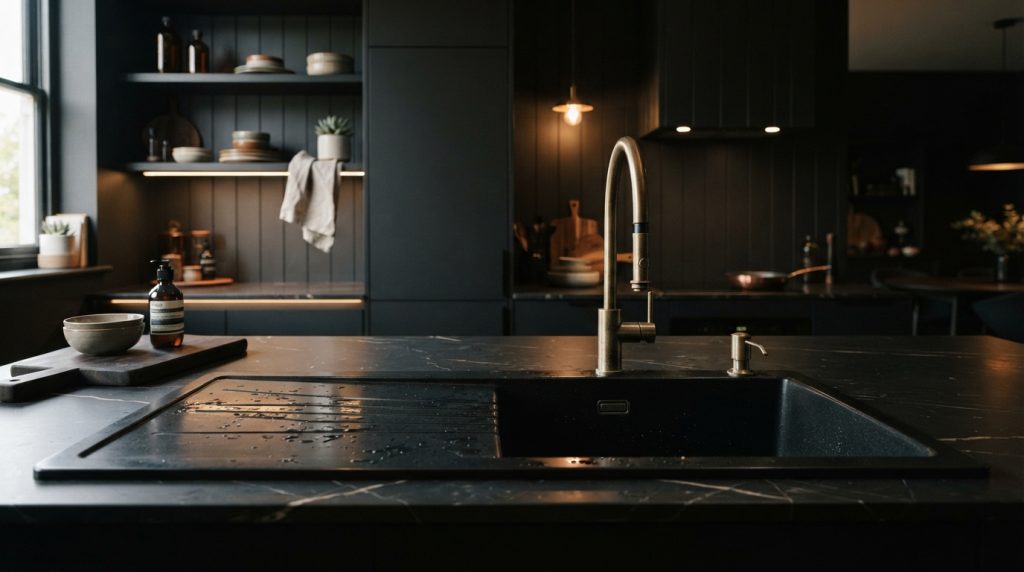 Black kitchen sink design with matte black modern faucet