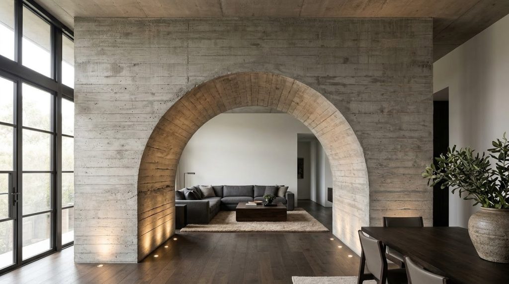 Large statement archway connecting modern interior spaces