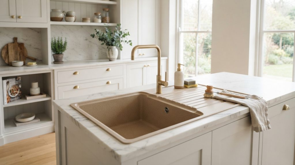 Granite composite kitchen sink design with modern stone countertop