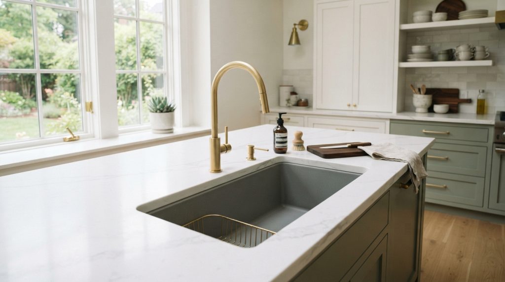 Single-bowl kitchen sink design in a contemporary home