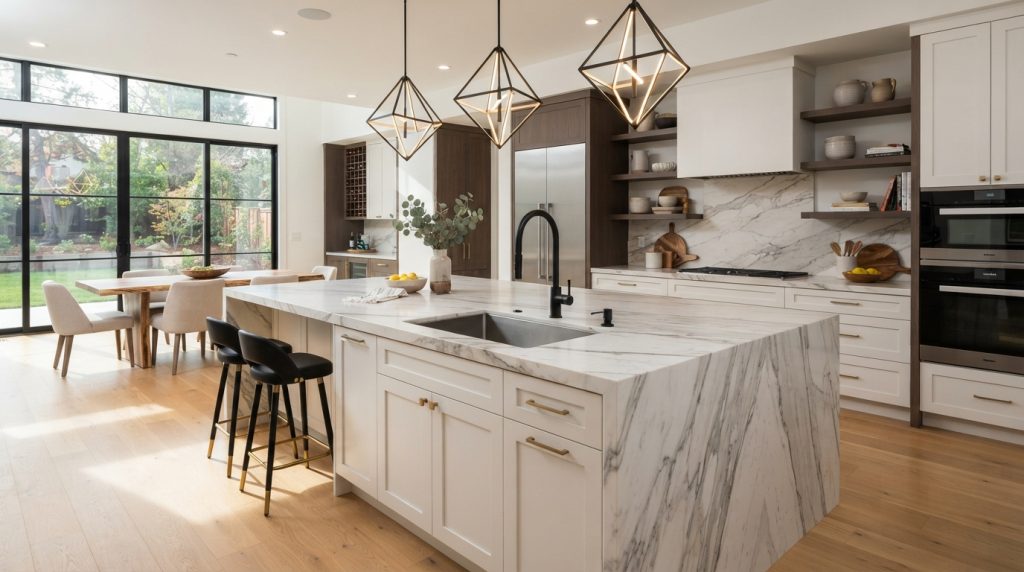 Kitchen island sink design in an open-plan modern home