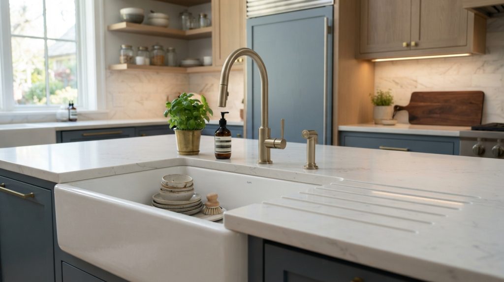 Undercounter kitchen sink design with elegant stone countertop