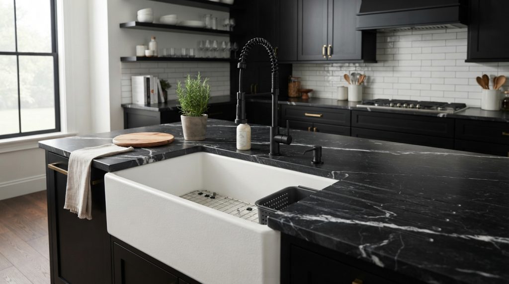 Black and white kitchen sink design in a modern home