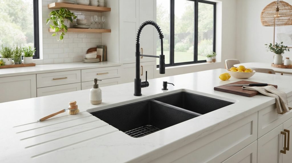Double-bowl kitchen sink design with modern faucet