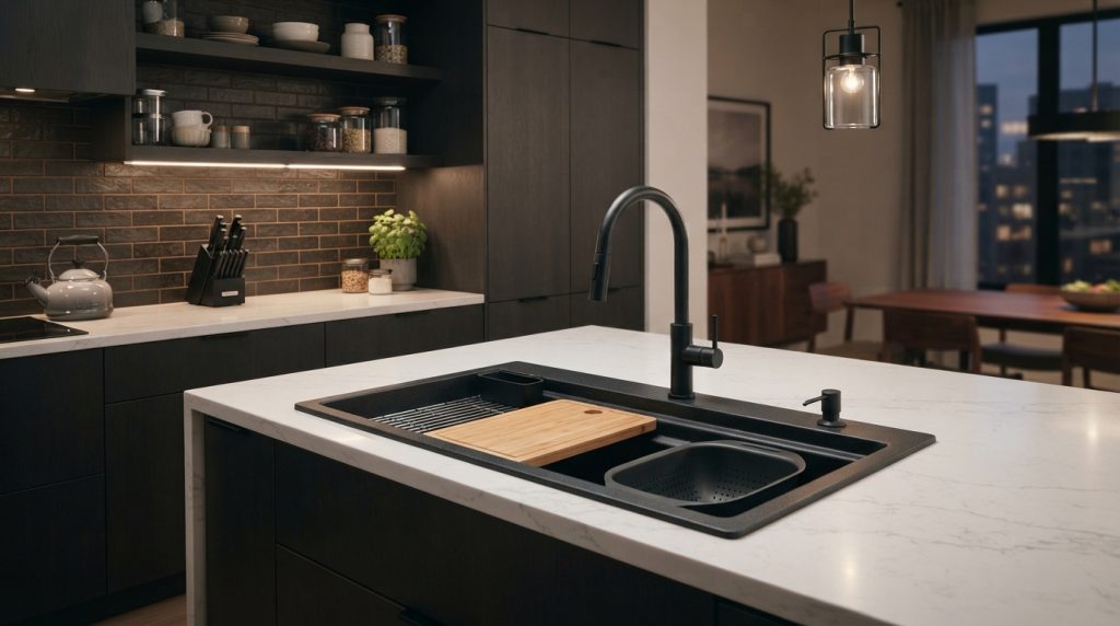 Workstation kitchen sink design with integrated accessories