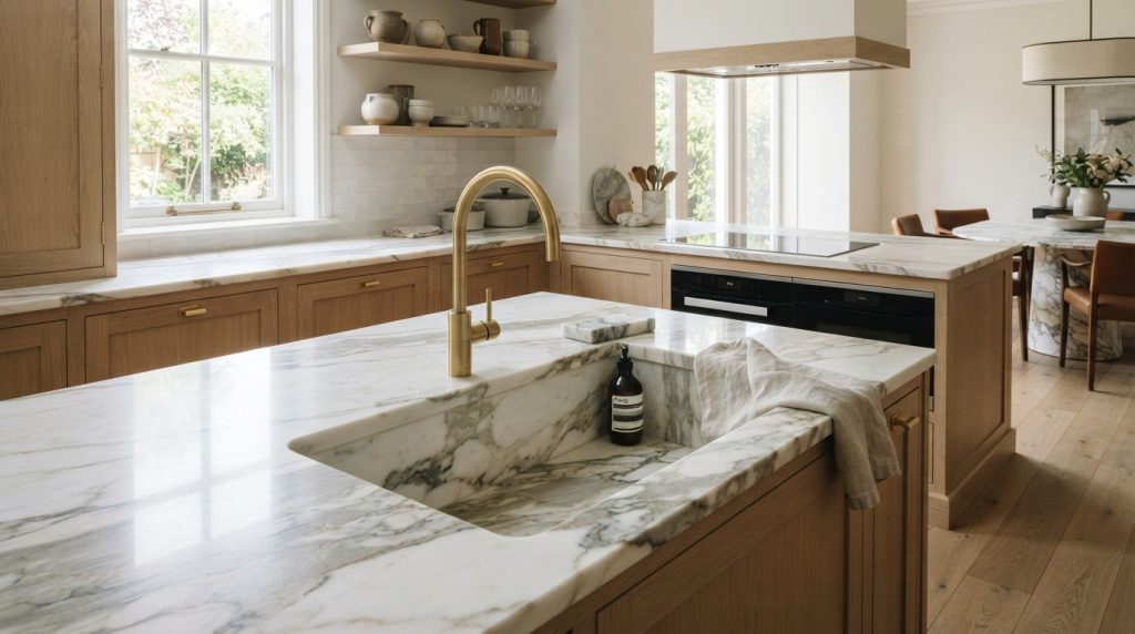 Integrated kitchen sink design with seamless modern countertop