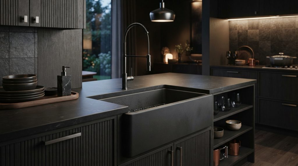 White ceramic kitchen sink design with wooden cabinets