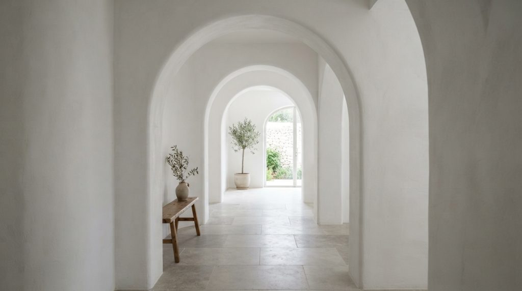 Minimalist white archway interior connecting two modern rooms