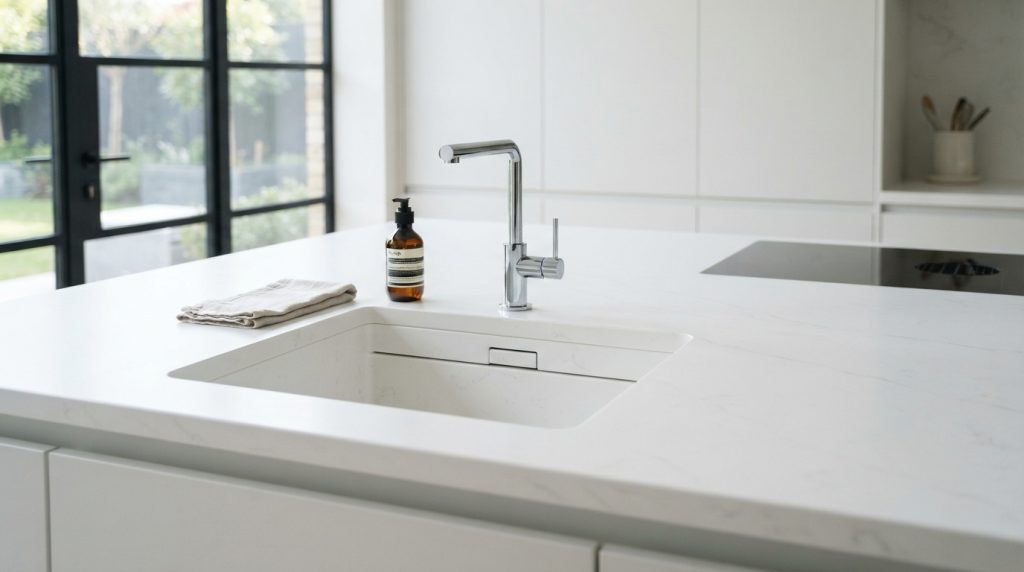 Minimalist kitchen sink design with clean modern cabinets