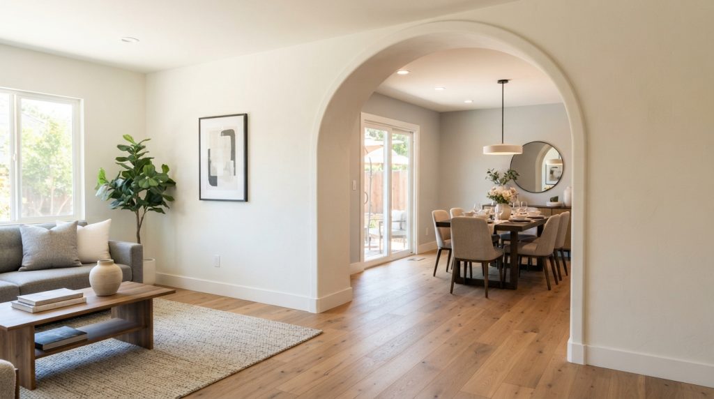 Modern archway between living room and dining area