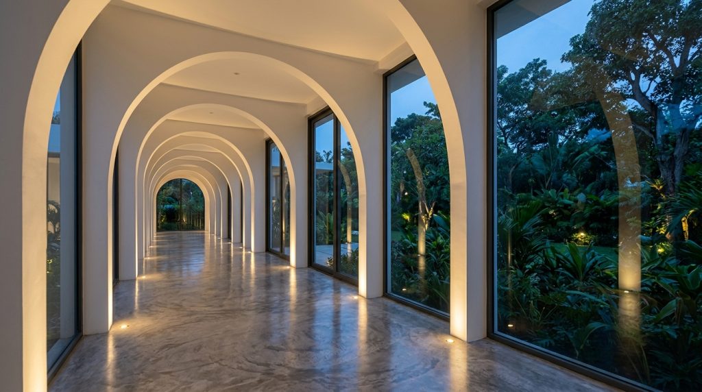 Modern hallway with white arches 20261009021647