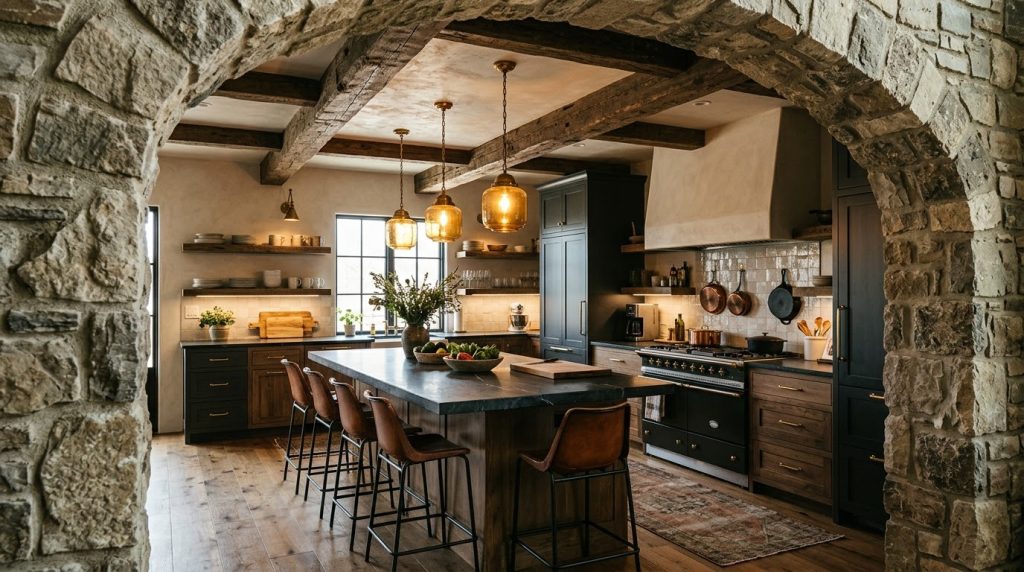 Modern arched kitchen entrance with contemporary cabinets