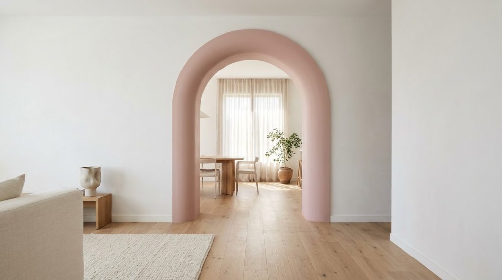 Soft pink painted archway interior in a modern home