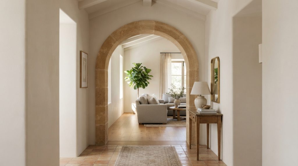 Rounded archway interior with neutral walls and modern furniture