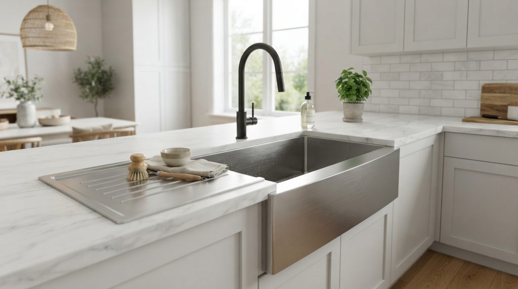 Stainless steel kitchen sink design in a modern kitchen