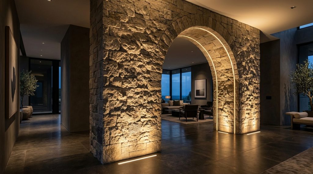 Modern archway highlighted with warm accent lighting