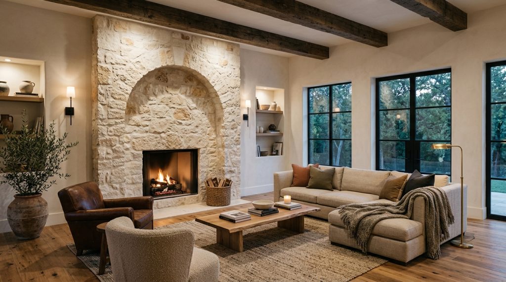 Arched fireplace feature wall in a modern living room