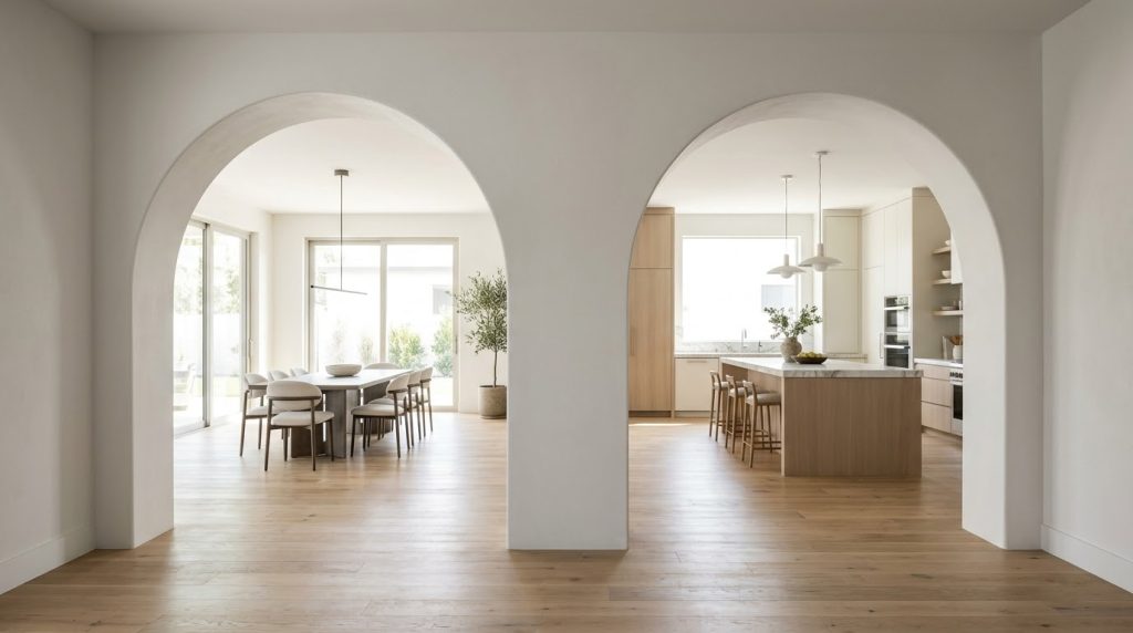 Double archway design separating modern living spaces