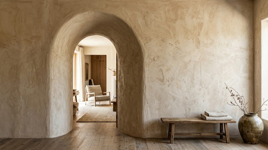 Textured archway wall with contemporary interior design